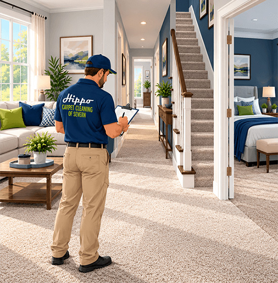 Illustration of a carpet cleaning technician assessing different carpeted areas in a Severn, Maryland home