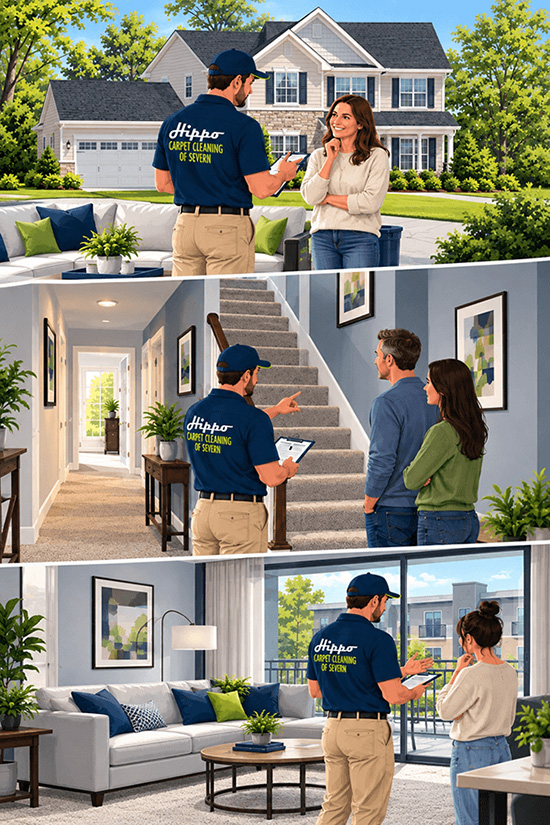 Illustration showing a carpet cleaning estimate discussion across a Severn home, townhouse, and apartment
