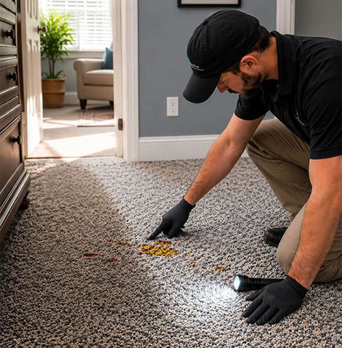 Carpet cleaner in Severn inspecting fiber condition and soil lines