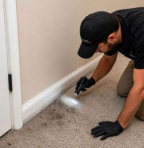 Carpet cleaner inspecting gray filtration lines along baseboard