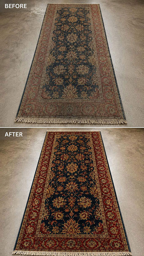 Before and after comparison of professional wool runner rug cleaning