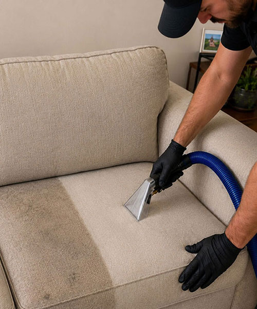 Couch steam cleaning showing clear before and after results on sofa cushions